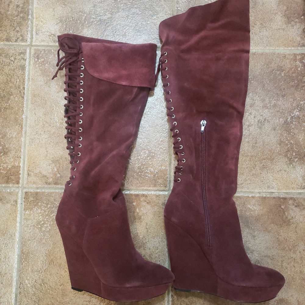 Bakers Garcia Wine colored corset back boots.